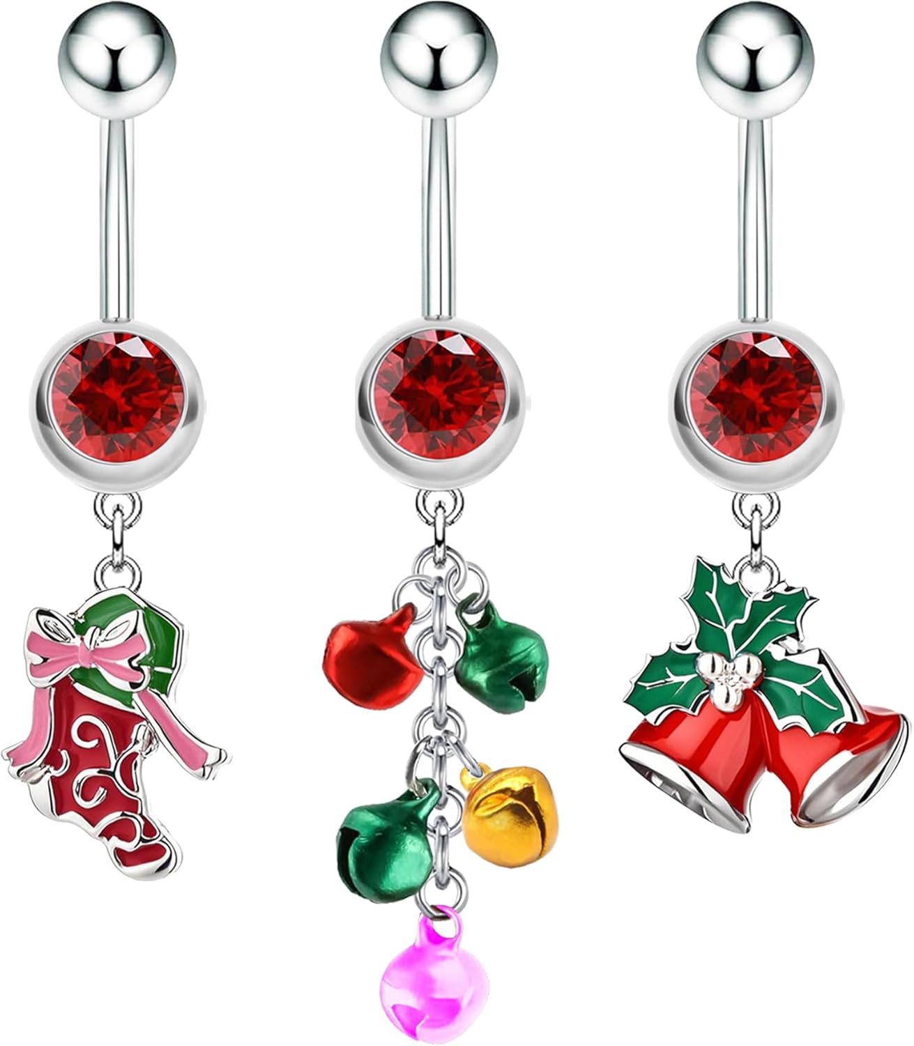 2~3 Pcs Christmas Dangle Mistletoe Belly Button Rings Stainless Steel Jingling Bell Navel Rings for Women 14G 316L Belly Piercing Jewelry - 我的商店我的商店我的商店