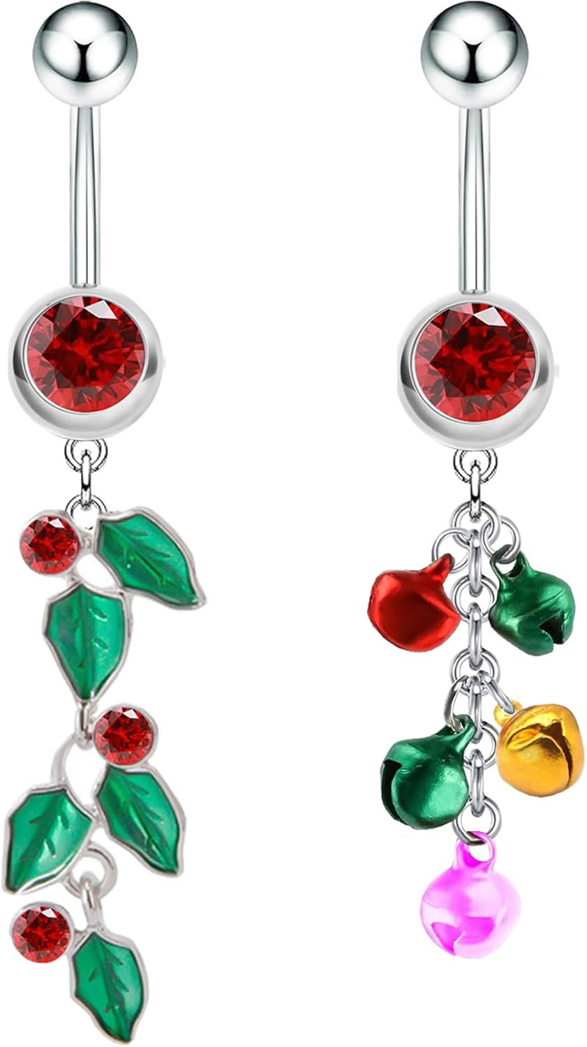 2~3 Pcs Christmas Dangle Mistletoe Belly Button Rings Stainless Steel Jingling Bell Navel Rings for Women 14G 316L Belly Piercing Jewelry - 我的商店我的商店我的商店