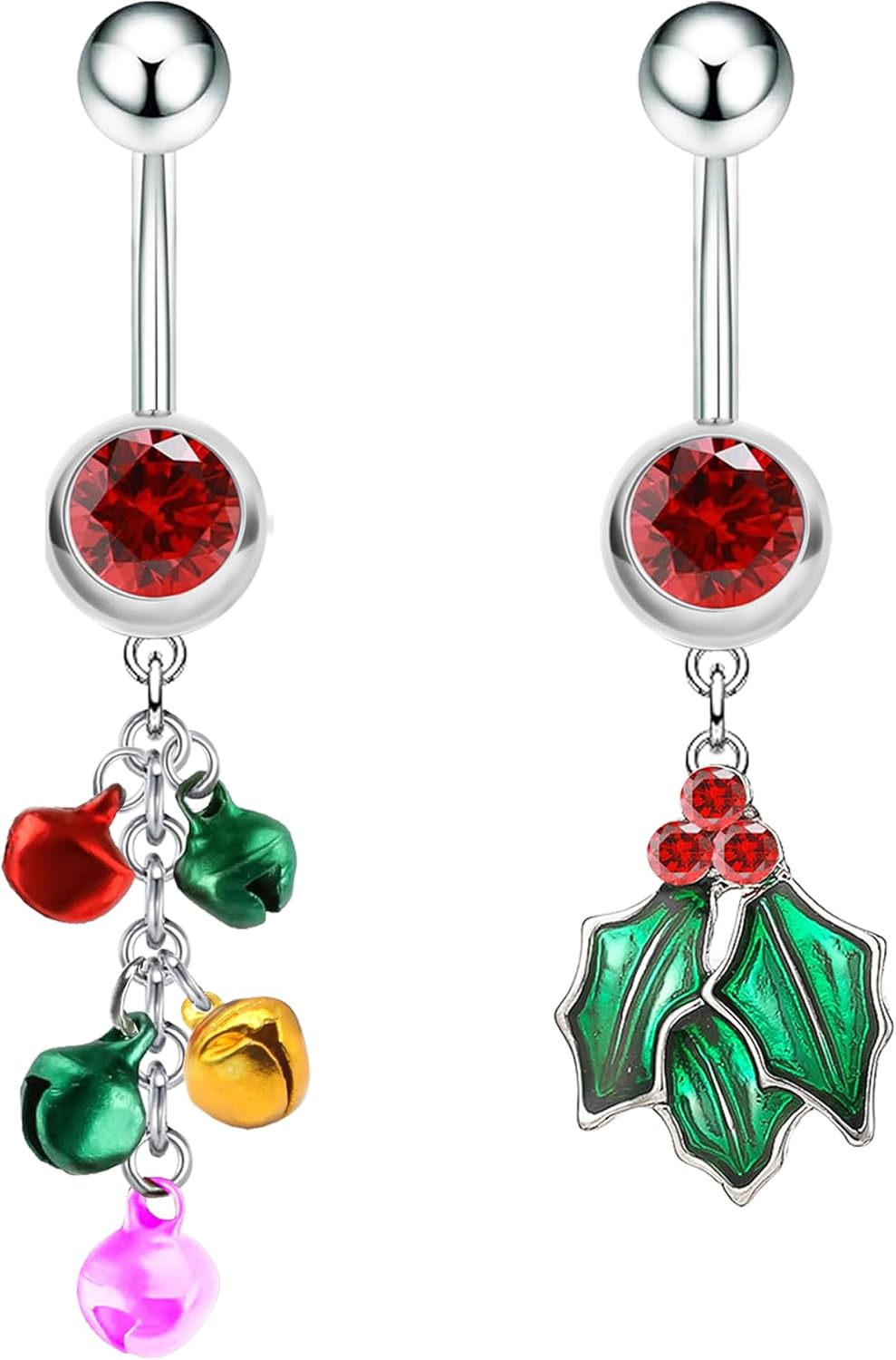 2~3 Pcs Christmas Dangle Mistletoe Belly Button Rings Stainless Steel Jingling Bell Navel Rings for Women 14G 316L Belly Piercing Jewelry - 我的商店我的商店我的商店