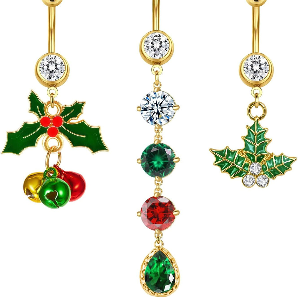 2~3 Pcs Christmas Dangle Mistletoe Belly Button Rings Stainless Steel Jingling Bell Navel Rings for Women 14G 316L Belly Piercing Jewelry - 我的商店我的商店我的商店