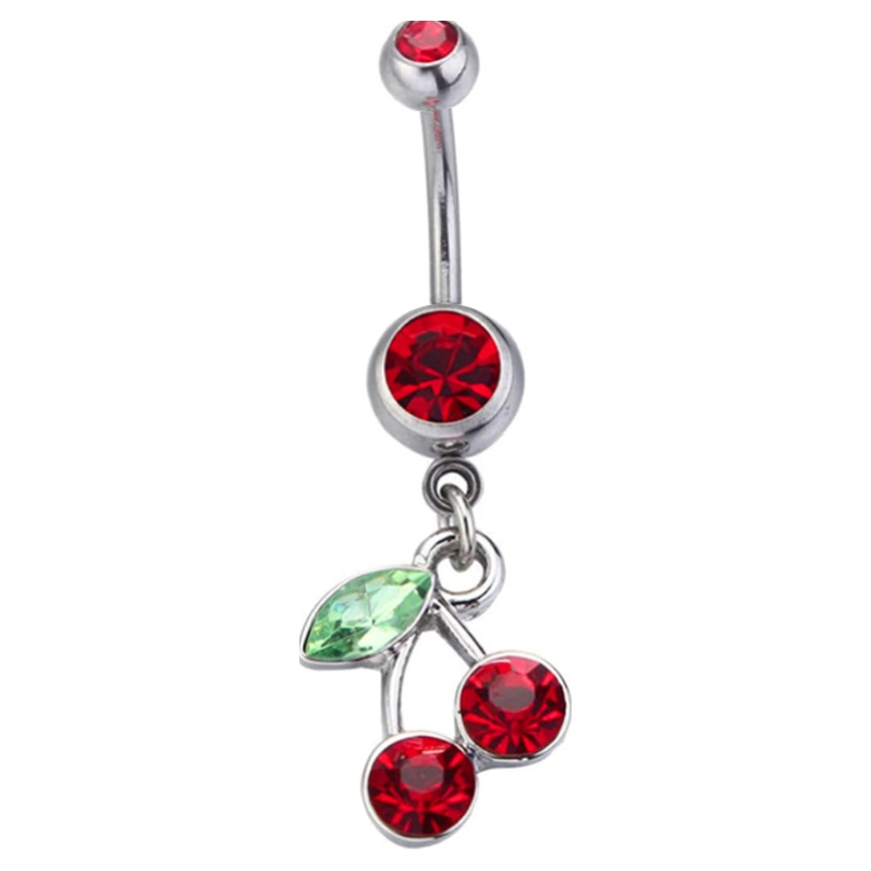 Belly Button Rings 14G 316L Surgical Steel Cute Cherry Dangle Cubic Zirconia Navel Piercing Jewelry