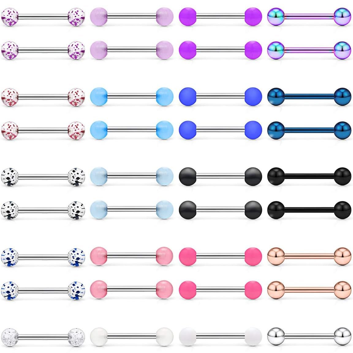24 - 48pcs 14G 14 - 22mm Tongue Rings Nipple Straight Barbells Surgical Steel Nipplerings Bar Body Piercing Jewelry for Women Men - QIAO CrystalQIAO CrystalQIAO Crystal