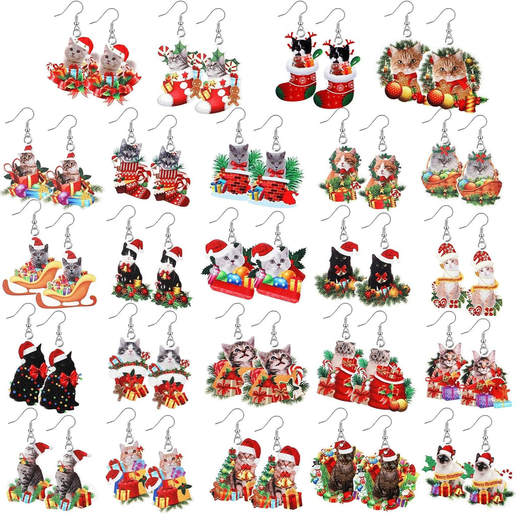 24 Pairs Christmas Cute Cat Earrings - Dangle Acrylic Kitten Earrings for Charm Decoration Gifts - QIAO Crystal我的商店QIAO Crystal