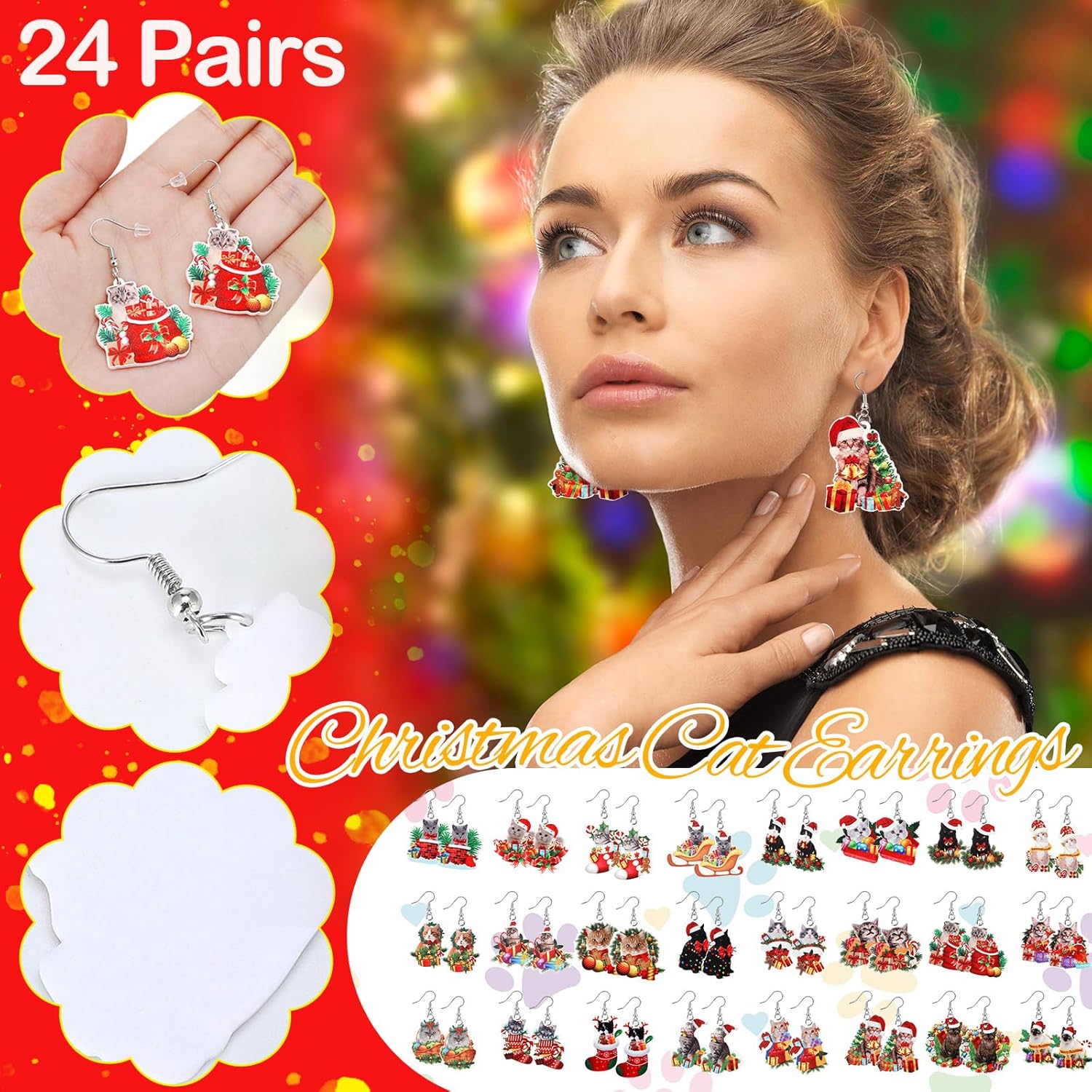 24 Pairs Christmas Cute Cat Earrings - Dangle Acrylic Kitten Earrings for Charm Decoration Gifts - QIAO Crystal我的商店QIAO Crystal