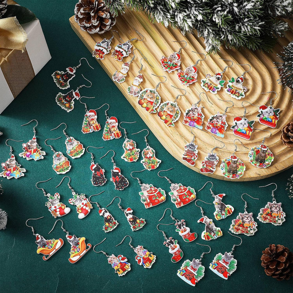 24 Pairs Christmas Cute Cat Earrings - Dangle Acrylic Kitten Earrings for Charm Decoration Gifts - QIAO Crystal我的商店QIAO Crystal