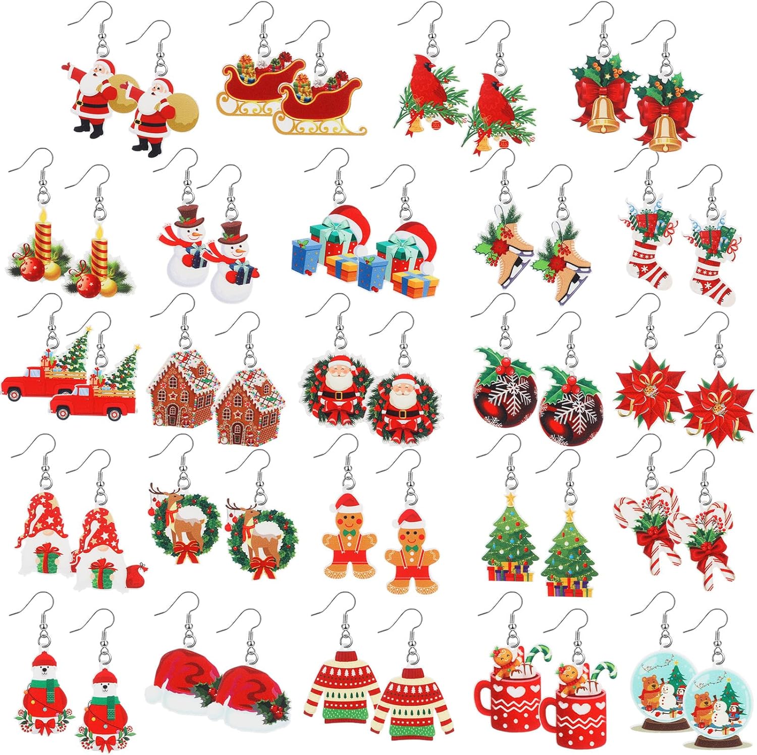 24 Pairs Christmas Drop Earrings Bulk Thanksgiving Xmas Holiday Acrylic Dangle Earrings Christmas Tree Bow Deer Snowflake Garland Red Truck Earrings Jewelry Set for Women Adults Gifts - 我的商店我的商店我的商店