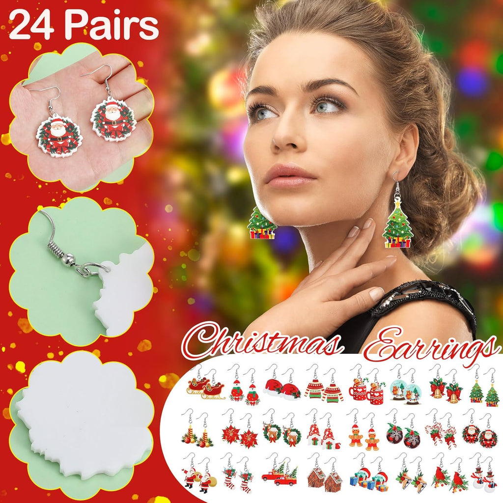 24 Pairs Christmas Drop Earrings Bulk Thanksgiving Xmas Holiday Acrylic Dangle Earrings Christmas Tree Bow Deer Snowflake Garland Red Truck Earrings Jewelry Set for Women Adults Gifts - 我的商店我的商店我的商店