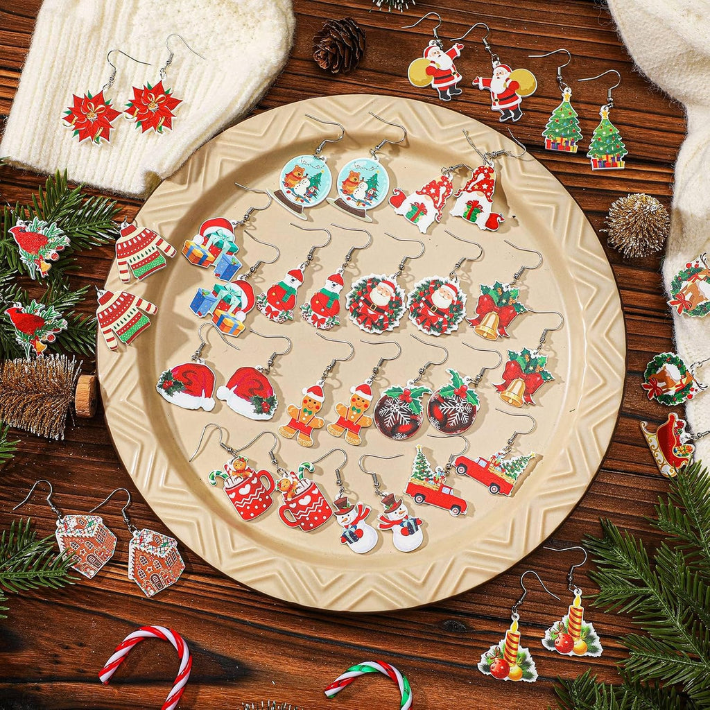 24 Pairs Christmas Drop Earrings Bulk Thanksgiving Xmas Holiday Acrylic Dangle Earrings Christmas Tree Bow Deer Snowflake Garland Red Truck Earrings Jewelry Set for Women Adults Gifts - 我的商店我的商店我的商店