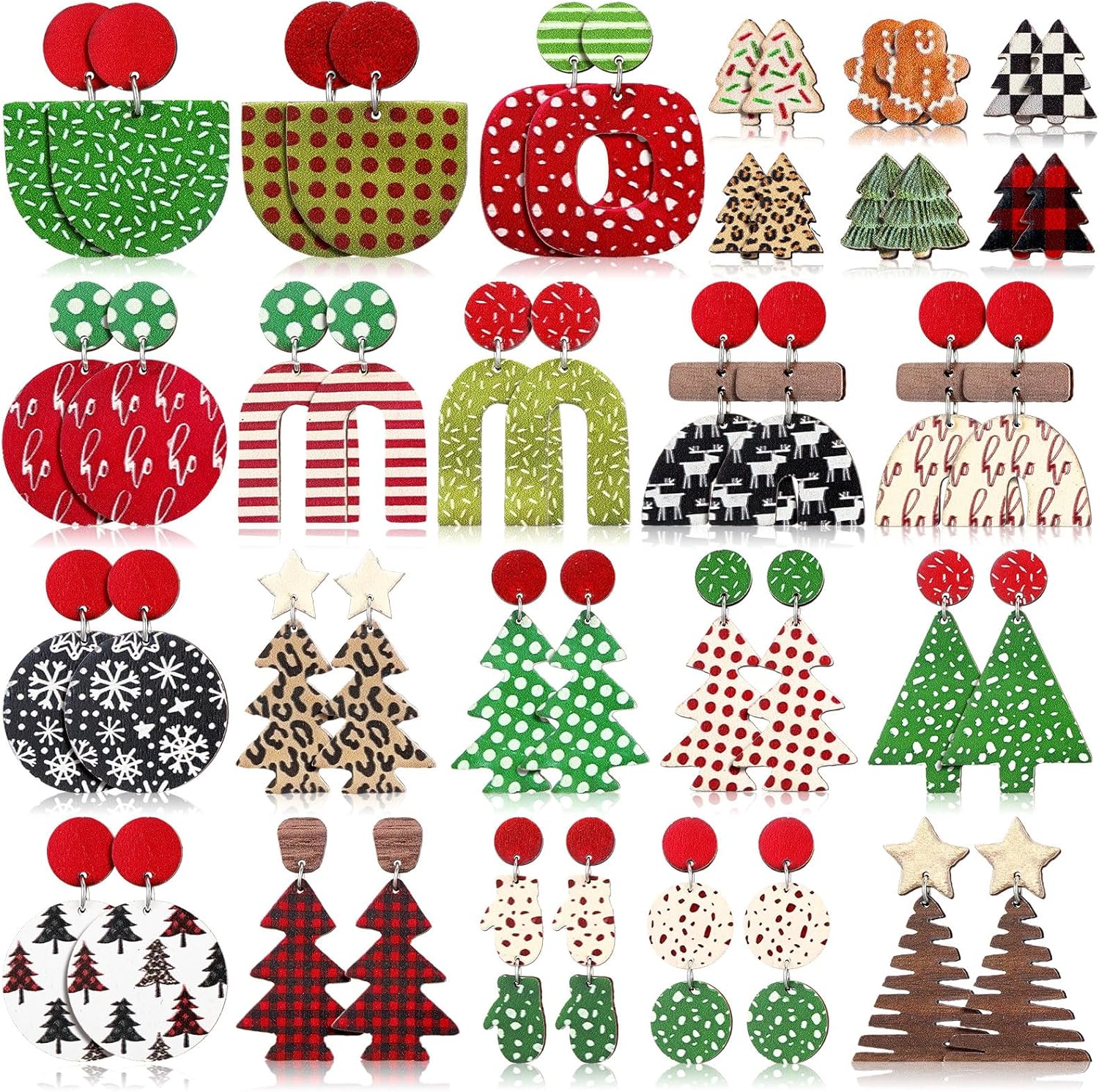 24 Pairs Christmas Earrings for Women Xmas Vintage Wooden Tree Drop Dangle Earrings Colorful Jewelry Gifts for Holiday - 我的商店我的商店我的商店