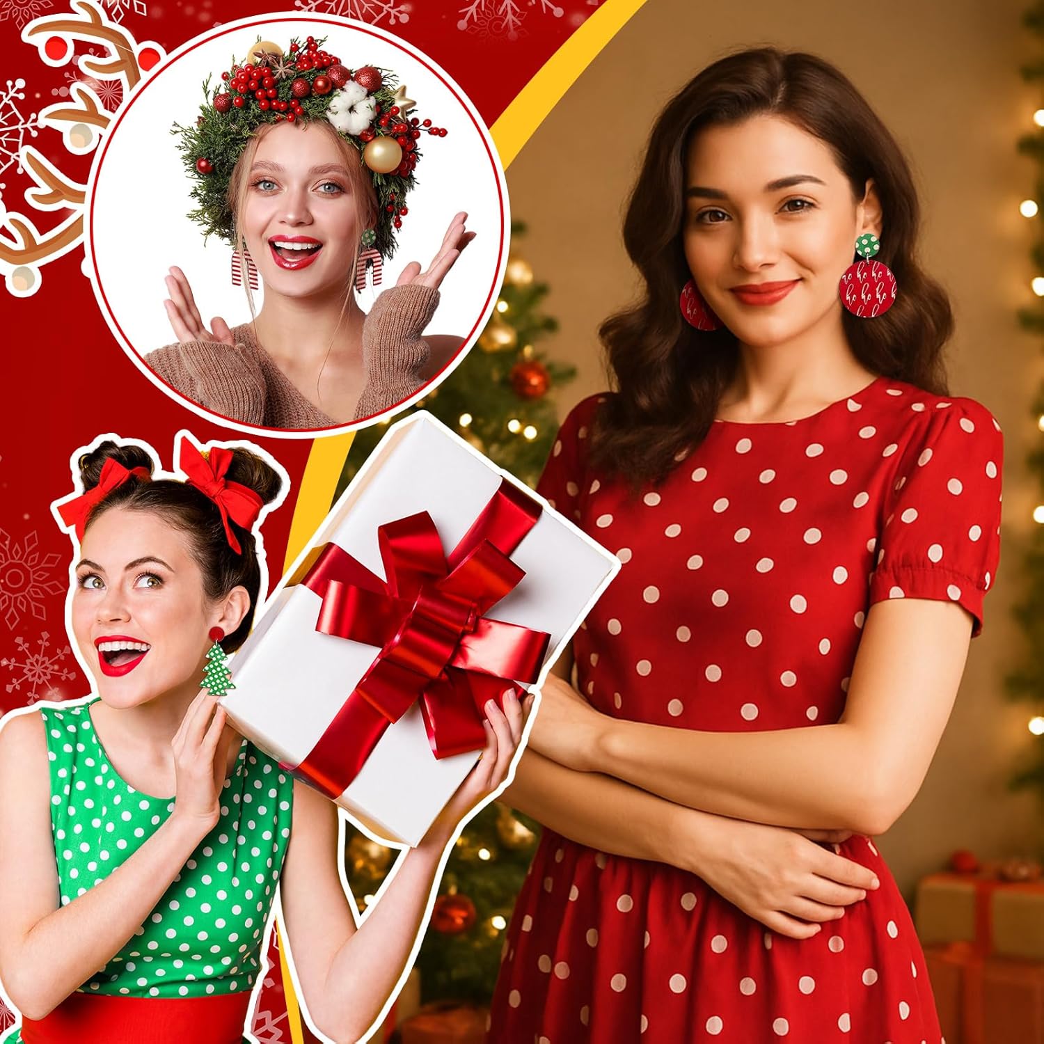 24 Pairs Christmas Earrings for Women Xmas Vintage Wooden Tree Drop Dangle Earrings Colorful Jewelry Gifts for Holiday - 我的商店我的商店我的商店