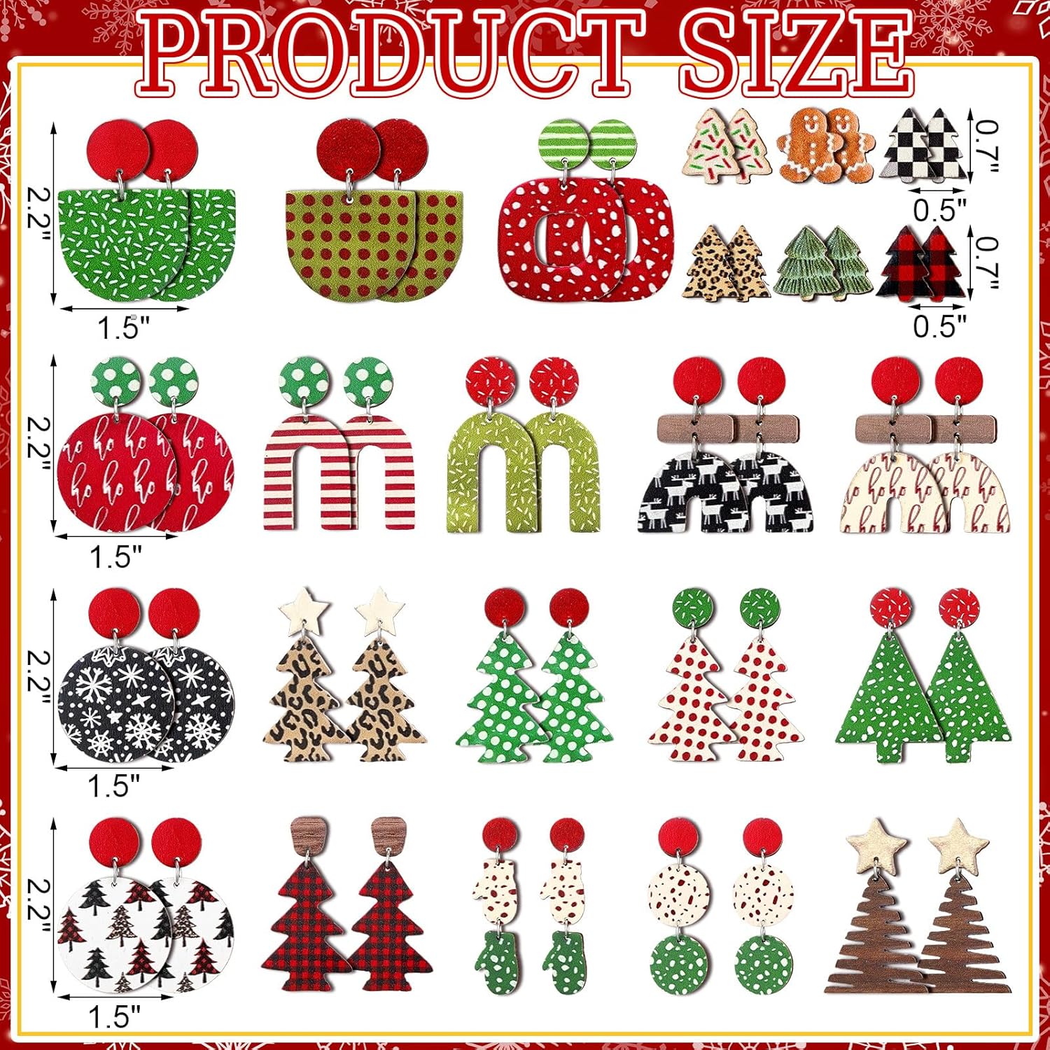 24 Pairs Christmas Earrings for Women Xmas Vintage Wooden Tree Drop Dangle Earrings Colorful Jewelry Gifts for Holiday - 我的商店我的商店我的商店