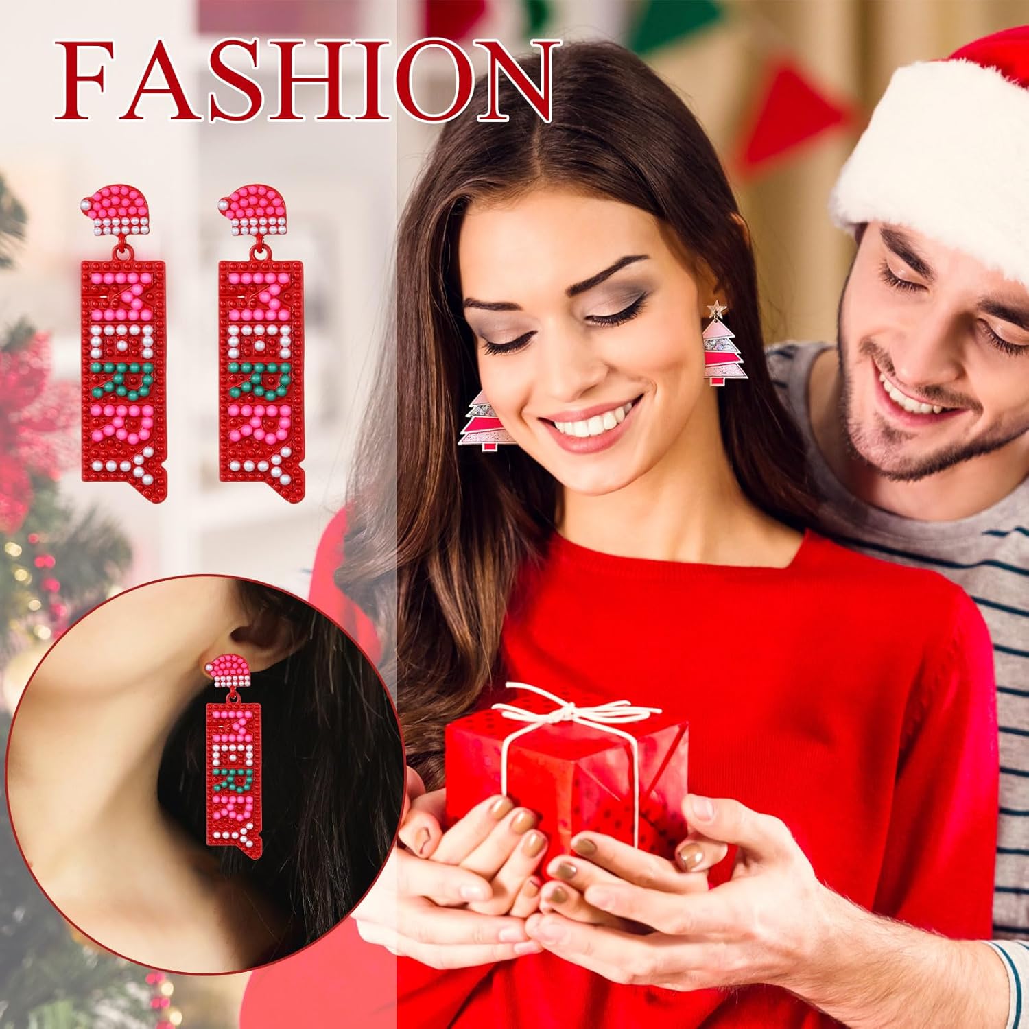 24 Pairs Pink Christmas Earrings for Women Christmas Dangle Earrings Xmas Tree Santa Jewelry for Holiday Party Gifts - 我的商店我的商店我的商店