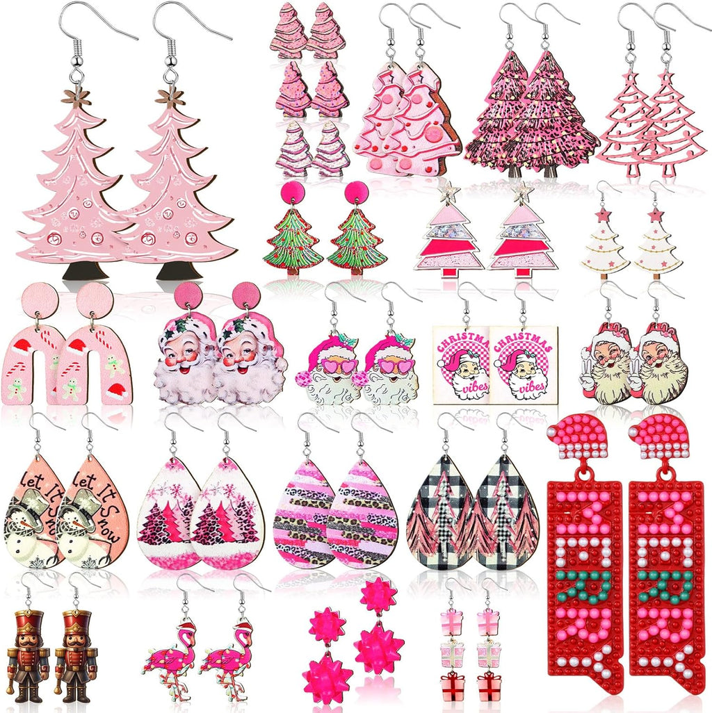 24 Pairs Pink Christmas Earrings for Women Christmas Dangle Earrings Xmas Tree Santa Jewelry for Holiday Party Gifts - 我的商店我的商店我的商店