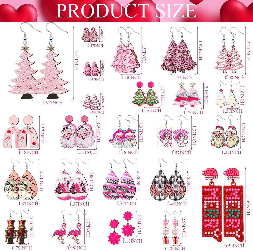 24 Pairs Pink Christmas Earrings for Women Christmas Dangle Earrings Xmas Tree Santa Jewelry for Holiday Party Gifts - 我的商店我的商店我的商店
