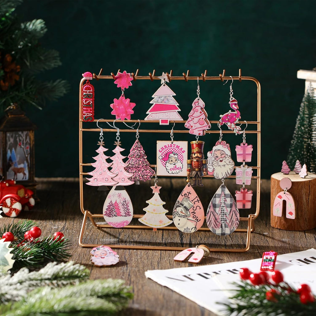 24 Pairs Pink Christmas Earrings for Women Christmas Dangle Earrings Xmas Tree Santa Jewelry for Holiday Party Gifts - 我的商店我的商店我的商店