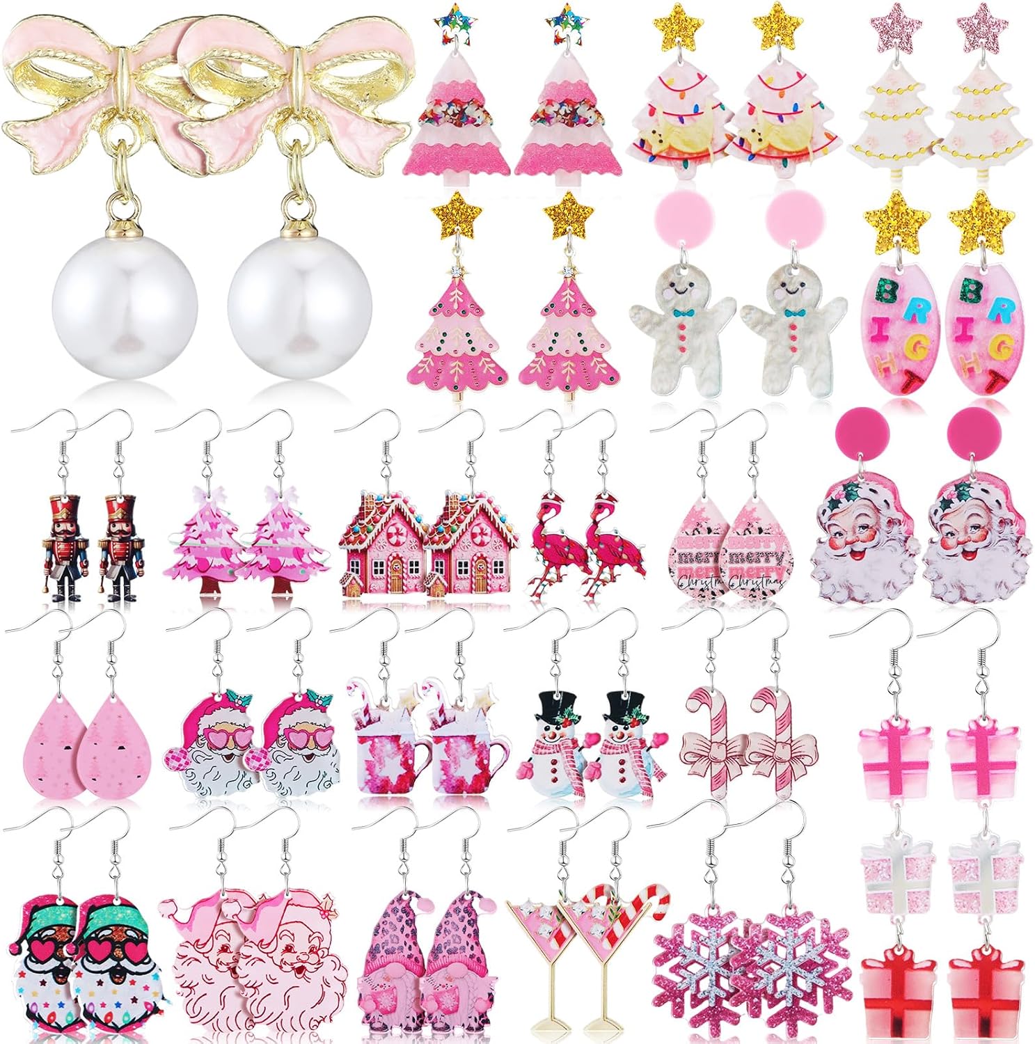 24 Pairs Pink Christmas Earrings for Women Christmas Dangle Earrings Xmas Tree Santa Jewelry for Holiday Party Gifts - 我的商店我的商店我的商店