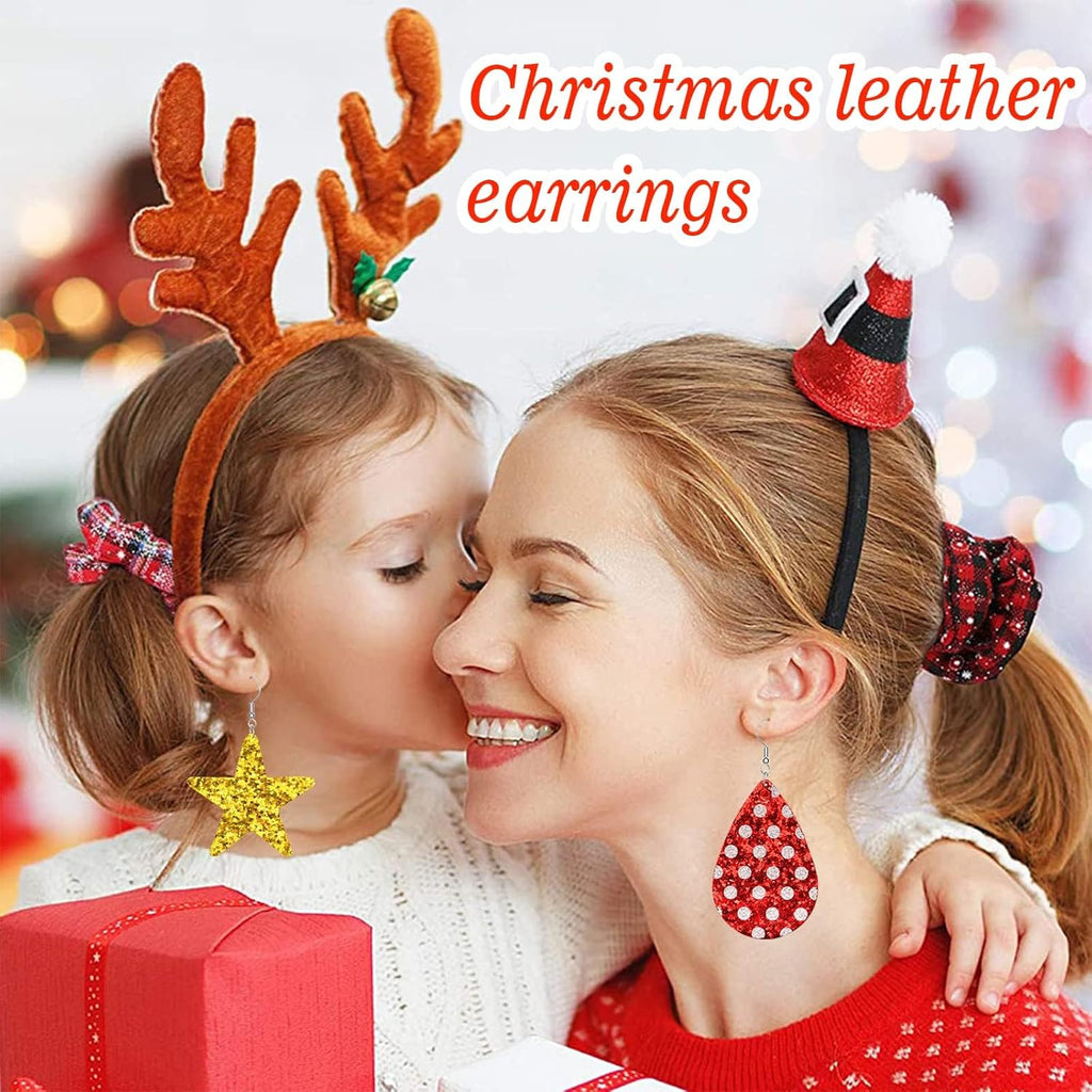 28 Pairs Christmas Leather Earrings for Women Faux Leather Earrings Multipack Christmas Tree Snowflake Glitter Star Teardrop Holiday Earrings - 我的商店我的商店我的商店