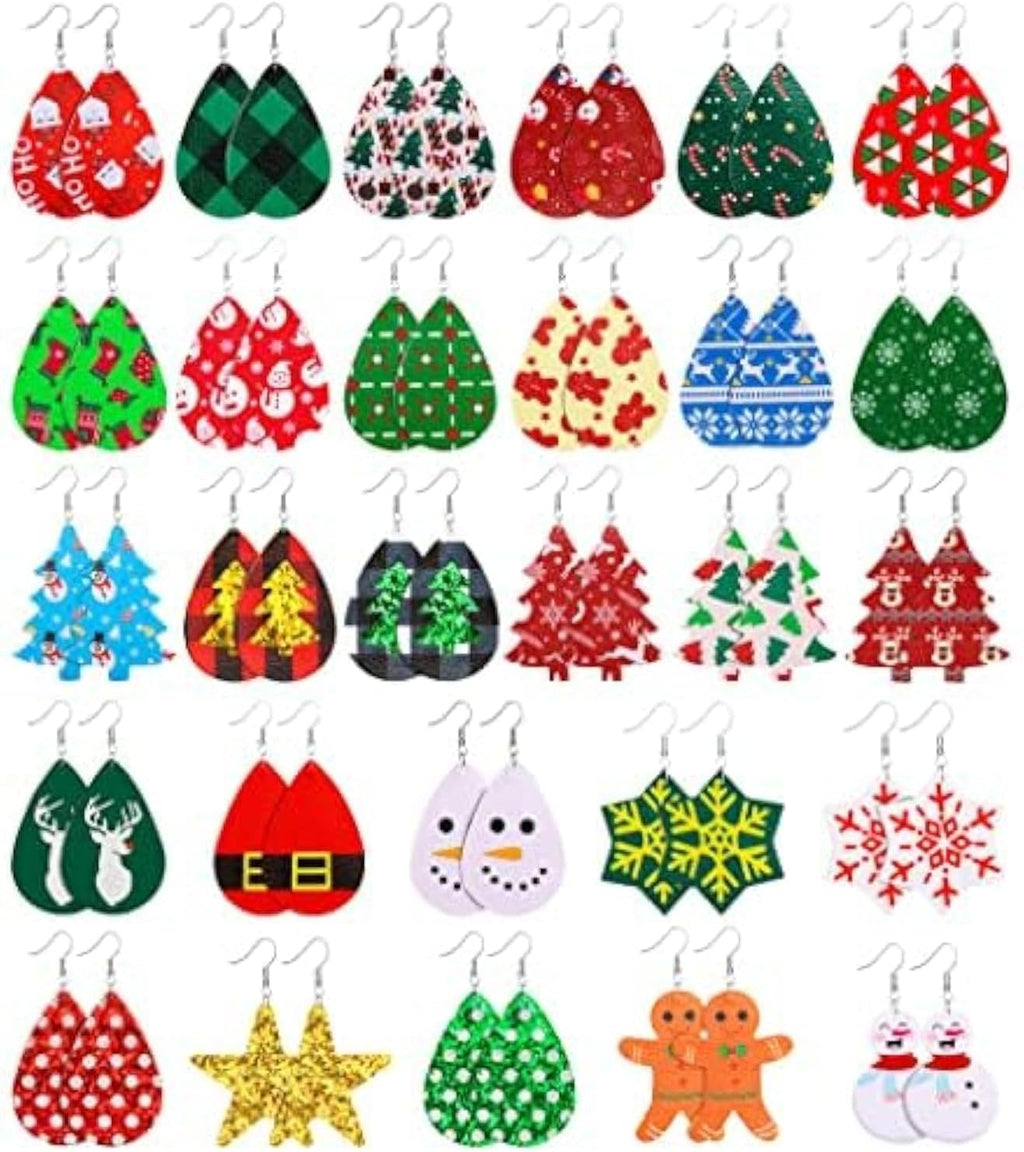 28 Pairs Christmas Leather Earrings for Women Faux Leather Earrings Multipack Christmas Tree Snowflake Glitter Star Teardrop Holiday Earrings - 我的商店我的商店我的商店