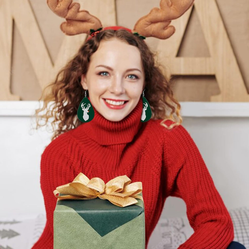 28 Pairs Christmas Leather Earrings for Women Faux Leather Earrings Multipack Christmas Tree Snowflake Glitter Star Teardrop Holiday Earrings - 我的商店我的商店我的商店