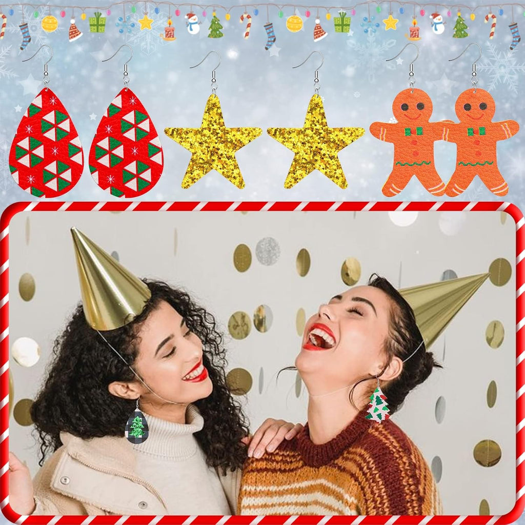 28 Pairs Christmas Leather Earrings for Women Faux Leather Earrings Multipack Christmas Tree Snowflake Glitter Star Teardrop Holiday Earrings - 我的商店我的商店我的商店