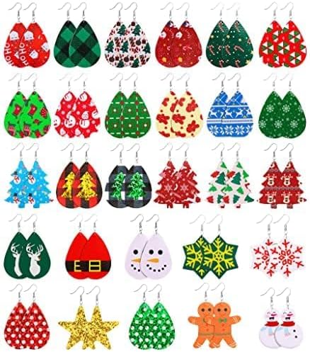 28 Pairs Christmas Leather Earrings for Women Faux Leather Earrings Multipack Christmas Tree Snowflake Glitter Star Teardrop Holiday Earrings - 我的商店我的商店我的商店