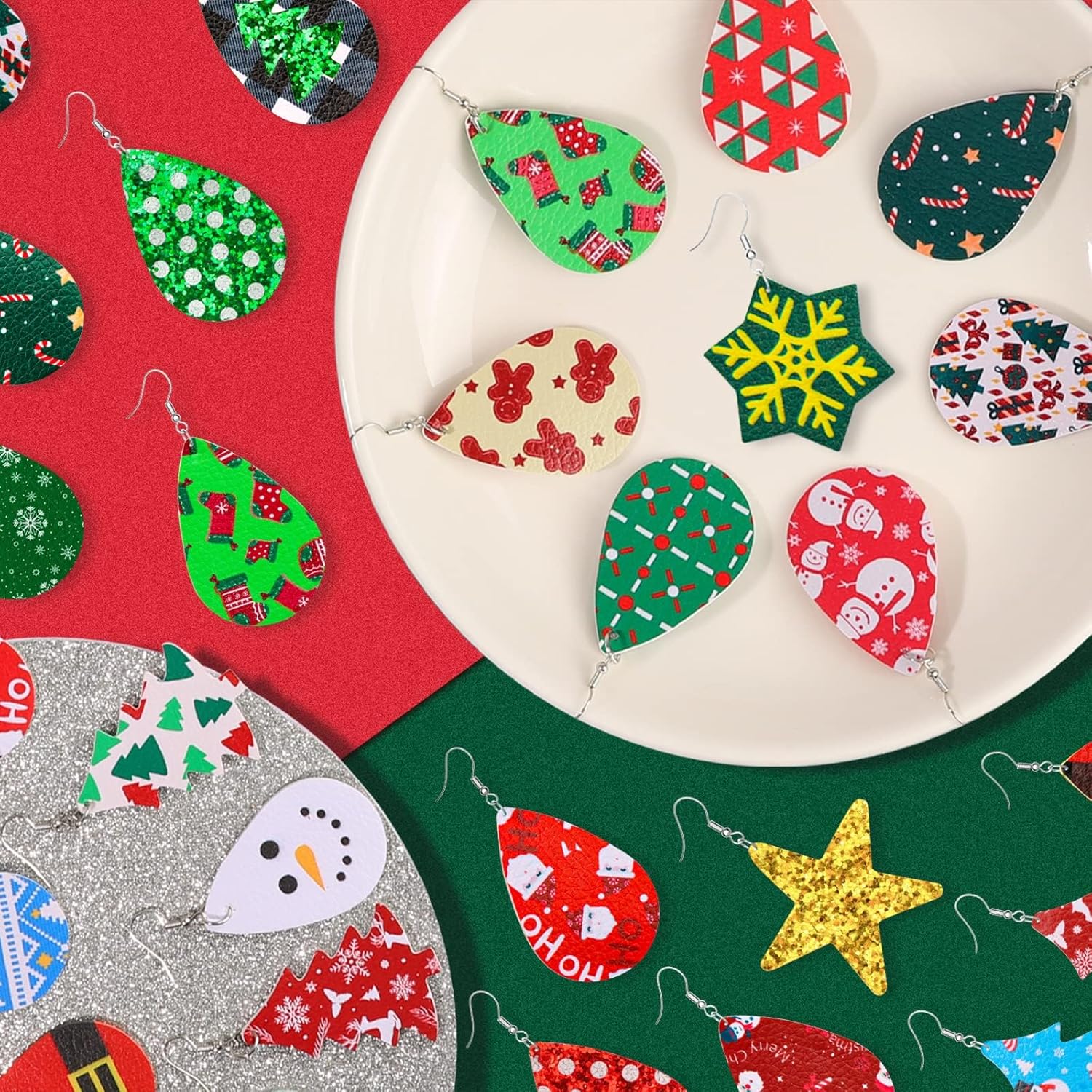 28 Pairs Christmas Leather Earrings for Women Faux Leather Earrings Multipack Christmas Tree Snowflake Glitter Star Teardrop Holiday Earrings - 我的商店我的商店我的商店