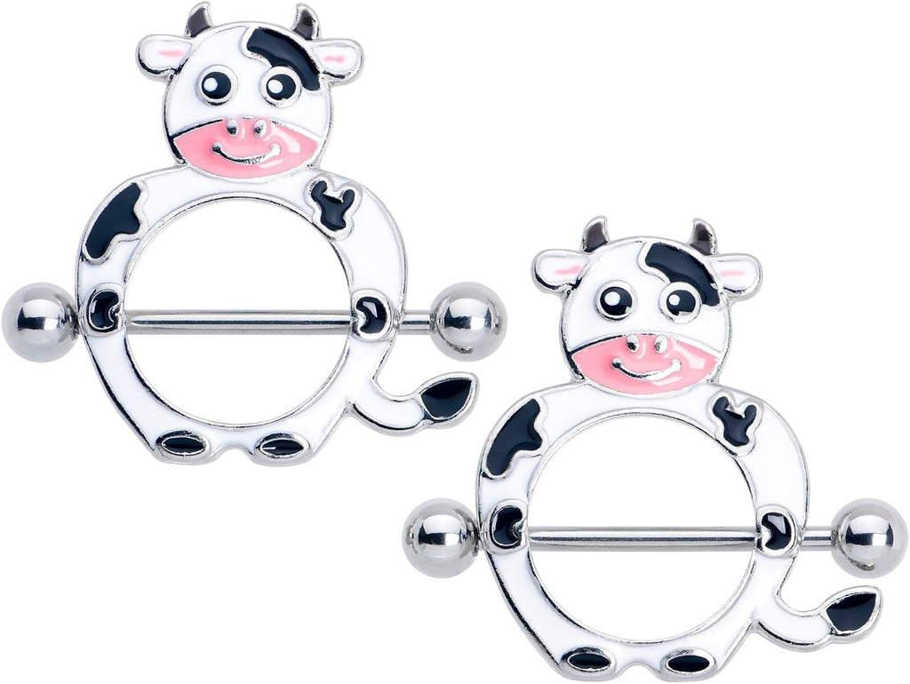 2Pc 14G Nipplerings Piercing Women 316L Stainless Steel Moo Cow Mens Nipple Shield Nipple Ring Set 14mm - QIAO CrystalQIAO CrystalQIAO Crystal
