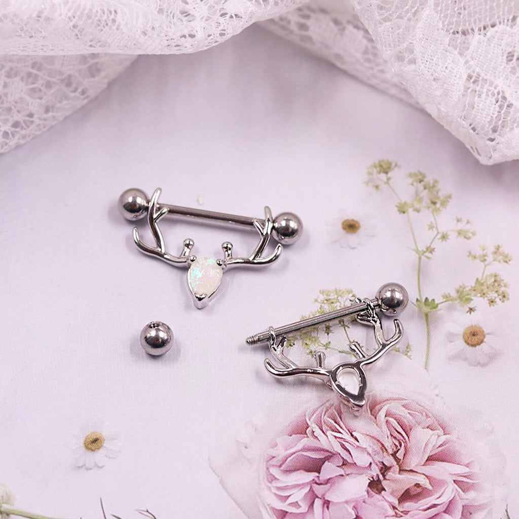 2PCS 14G 316L Stainless Steel Opal Nipple Rings Deer Head Nipple Barbell Nipple Piercings Jewelry for Women - QIAO CrystalQIAO CrystalQIAO Crystal