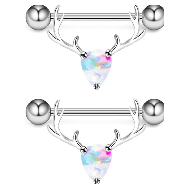 2PCS 14G 316L Stainless Steel Opal Nipple Rings Deer Head Nipple Barbell Nipple Piercings Jewelry for Women - QIAO CrystalQIAO CrystalQIAO Crystal