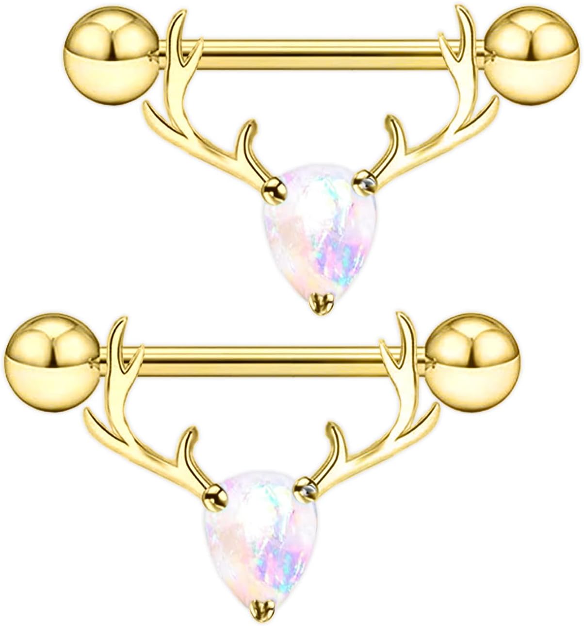 2PCS 14G 316L Stainless Steel Opal Nipple Rings Deer Head Nipple Barbell Nipple Piercings Jewelry for Women - QIAO CrystalQIAO CrystalQIAO Crystal