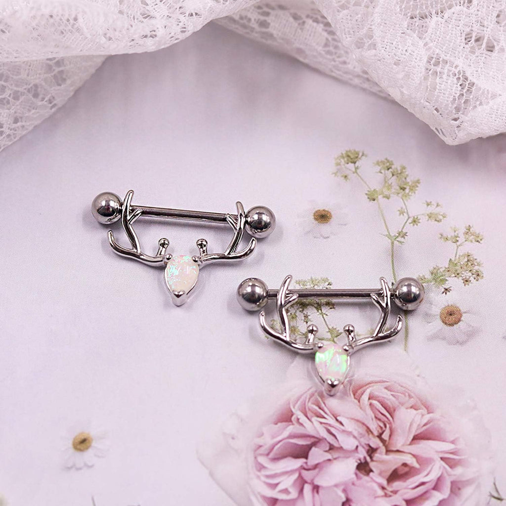 2PCS 14G 316L Stainless Steel Opal Nipple Rings Deer Head Nipple Barbell Nipple Piercings Jewelry for Women - QIAO CrystalQIAO CrystalQIAO Crystal