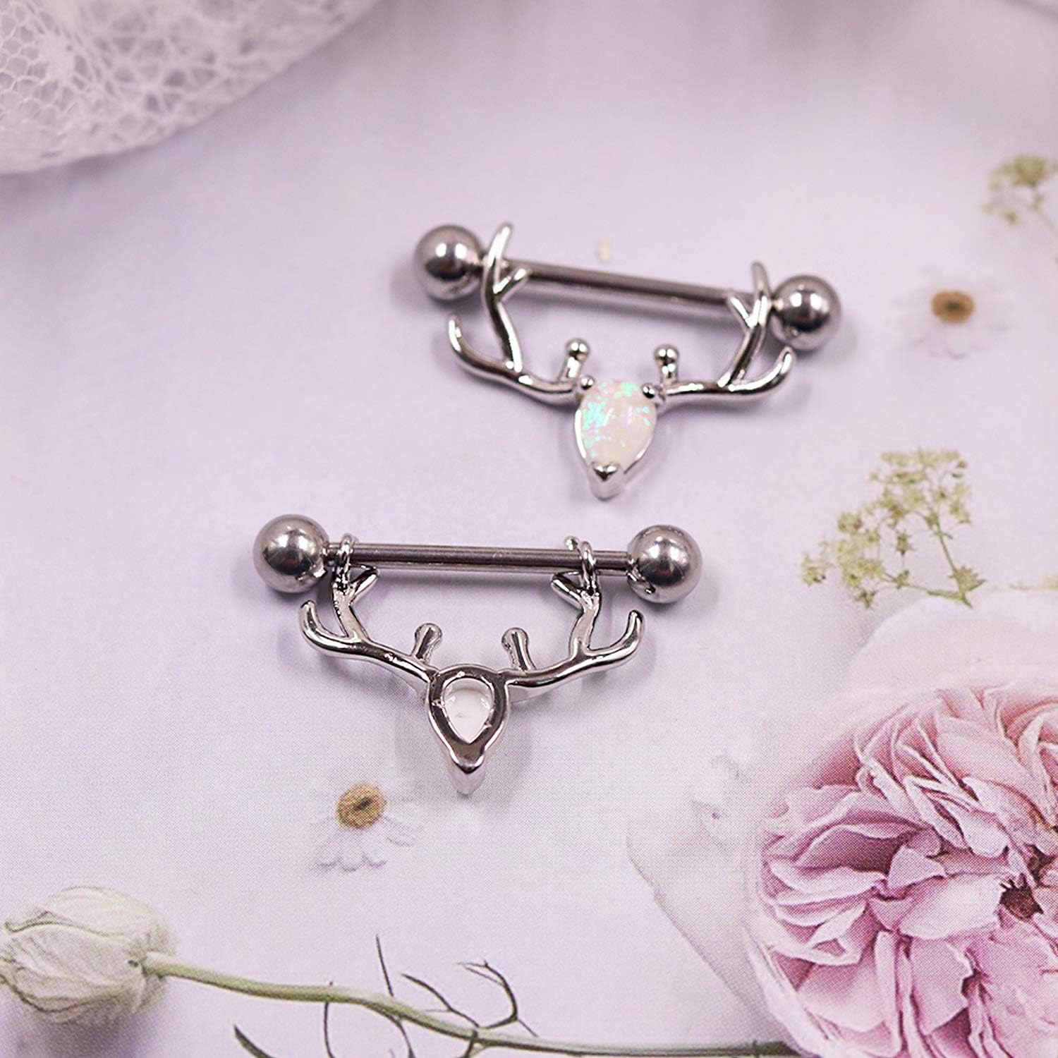 2PCS 14G 316L Stainless Steel Opal Nipple Rings Deer Head Nipple Barbell Nipple Piercings Jewelry for Women - QIAO CrystalQIAO CrystalQIAO Crystal