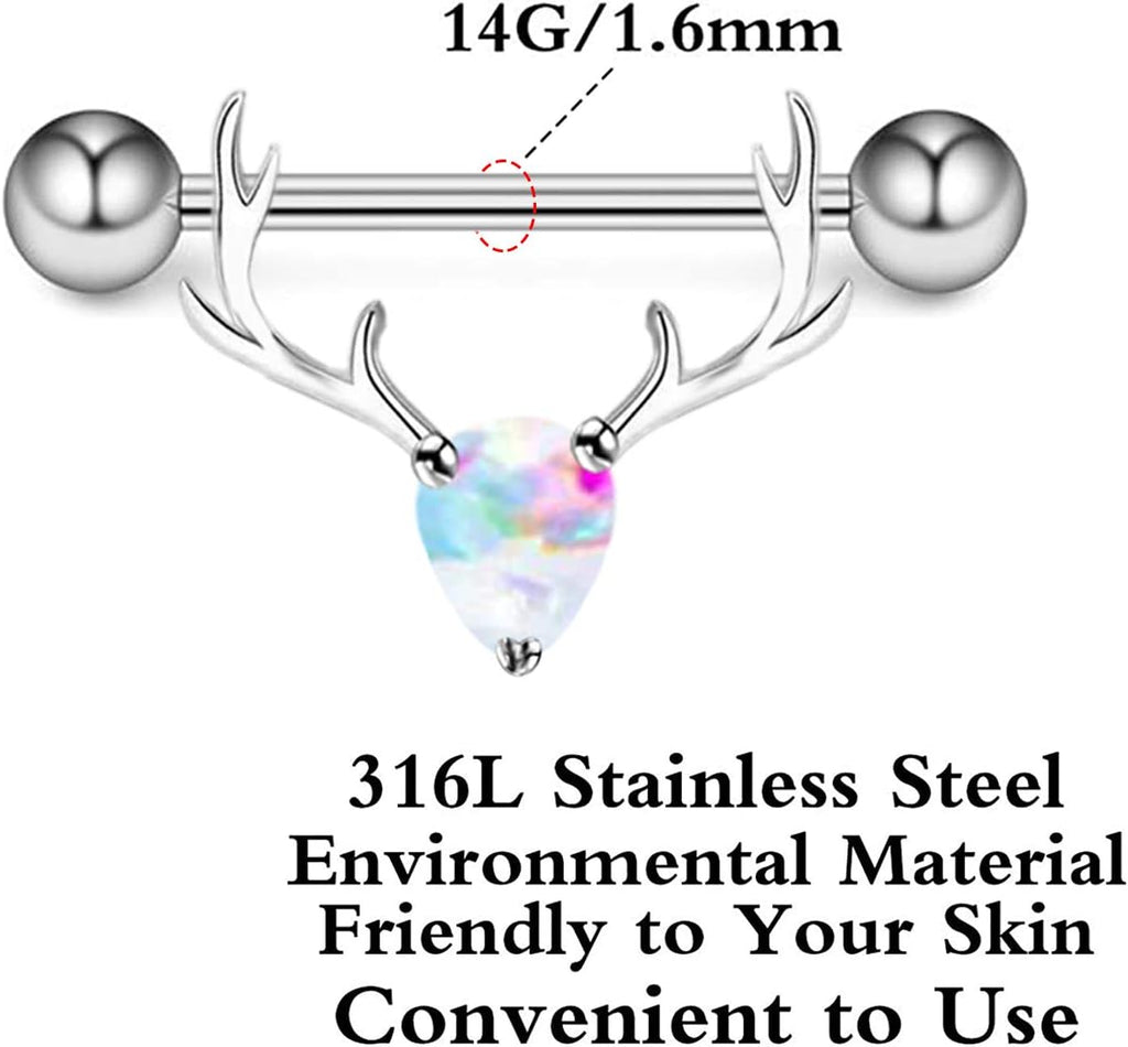 2PCS 14G 316L Stainless Steel Opal Nipple Rings Deer Head Nipple Barbell Nipple Piercings Jewelry for Women - QIAO CrystalQIAO CrystalQIAO Crystal