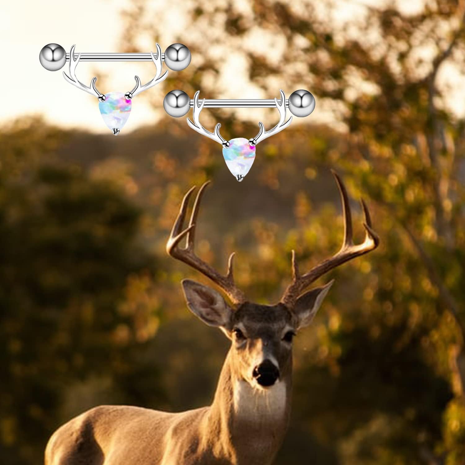 2PCS 14G 316L Stainless Steel Opal Nipple Rings Deer Head Nipple Barbell Nipple Piercings Jewelry for Women - QIAO CrystalQIAO CrystalQIAO Crystal