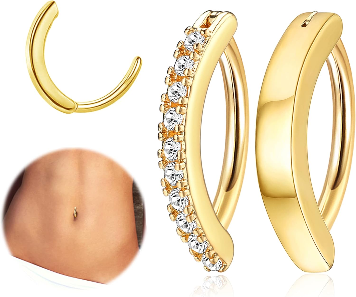 2Pcs 14G Clicker Belly Button Ring for Women Surgical Steel CZ Opal Belly Ring Simple Reverse Navel Rings Body Jewelry - 我的商店我的商店我的商店