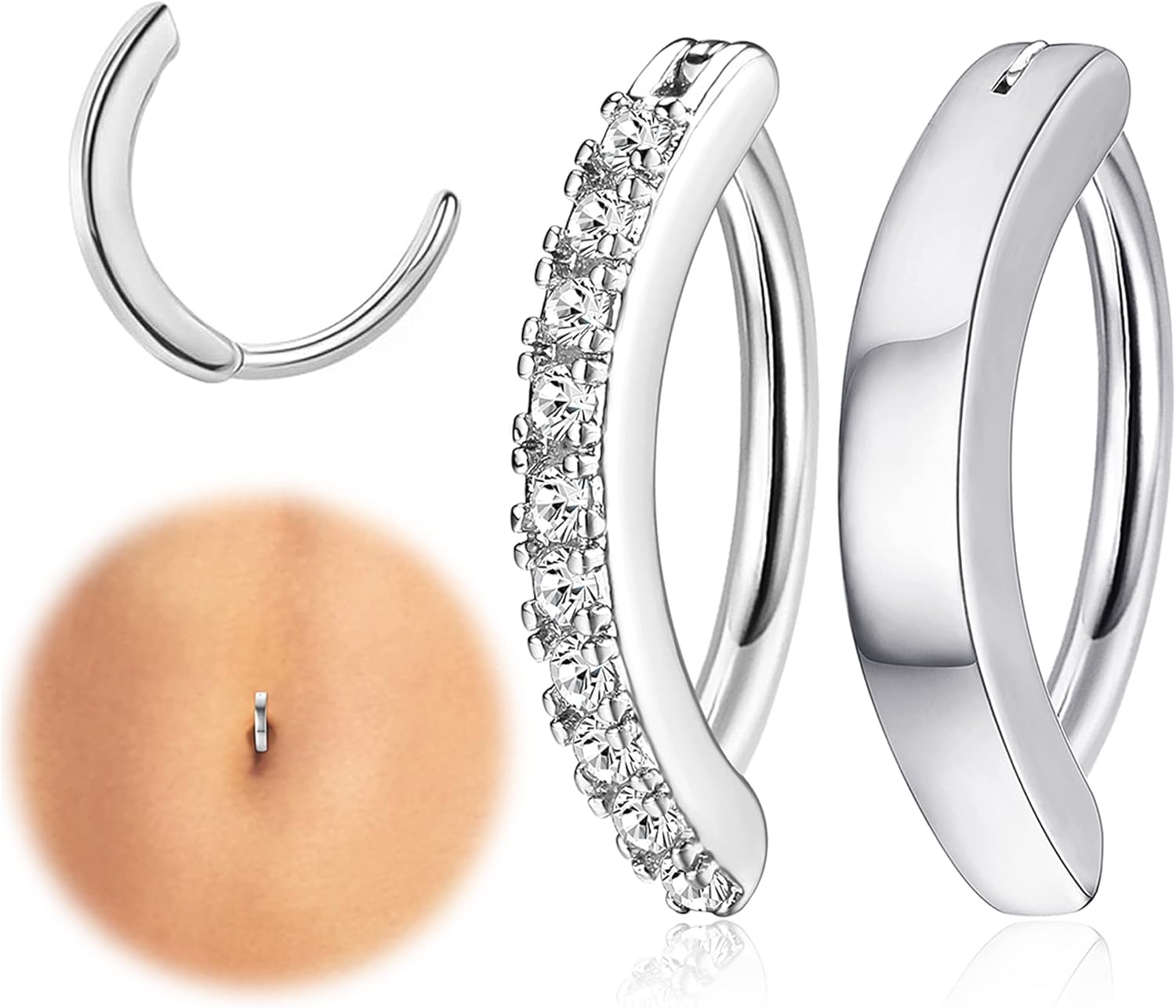 2Pcs 14G Clicker Belly Button Ring for Women Surgical Steel CZ Opal Belly Ring Simple Reverse Navel Rings Body Jewelry - 我的商店我的商店我的商店