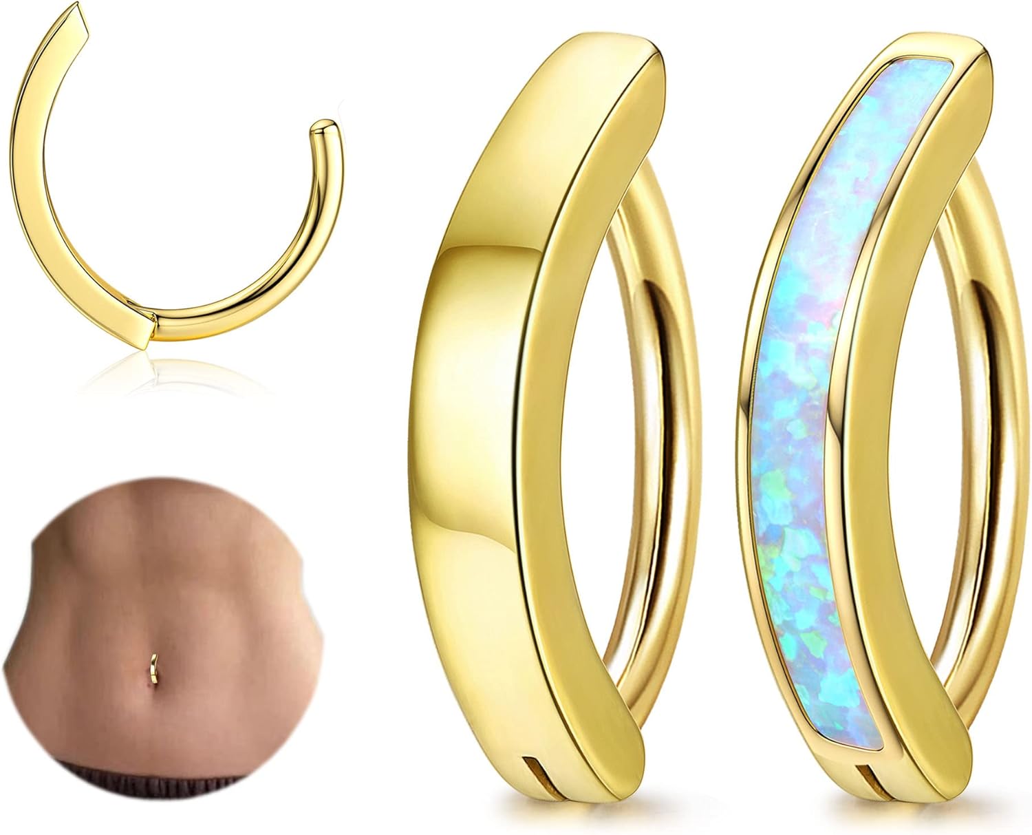 2Pcs 14G Clicker Belly Button Ring for Women Surgical Steel CZ Opal Belly Ring Simple Reverse Navel Rings Body Jewelry - 我的商店我的商店我的商店