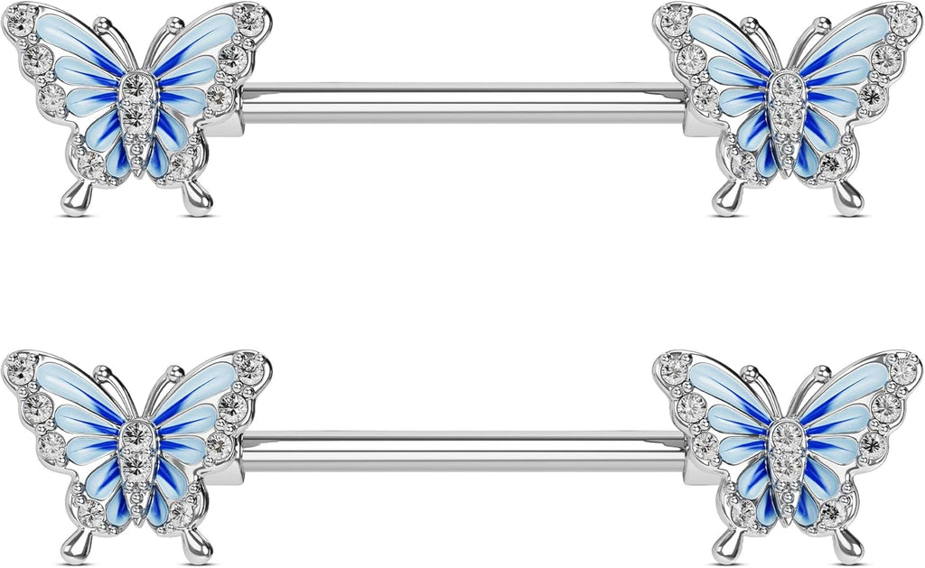  2PCS 14G Nipple Rings, Blue Butterfly Nipple Piercing Jewelry, 316l Surgical Steel Nipple Barbells,Nipple Rings For Women - QIAO CrystalQIAO CrystalQIAO Crystal
