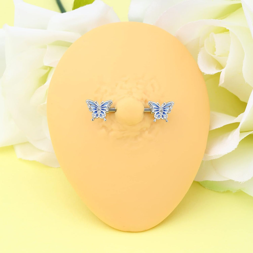 2PCS 14G Nipple Rings, Blue Butterfly Nipple Piercing Jewelry, 316l Surgical Steel Nipple Barbells,Nipple Rings For Women - QIAO CrystalQIAO CrystalQIAO Crystal