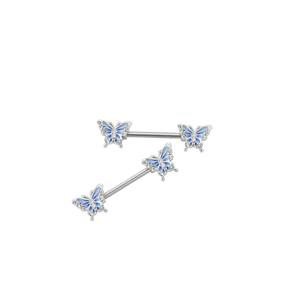 2PCS 14G Nipple Rings, Blue Butterfly Nipple Piercing Jewelry, 316l Surgical Steel Nipple Barbells,Nipple Rings For Women - QIAO CrystalQIAO CrystalQIAO Crystal
