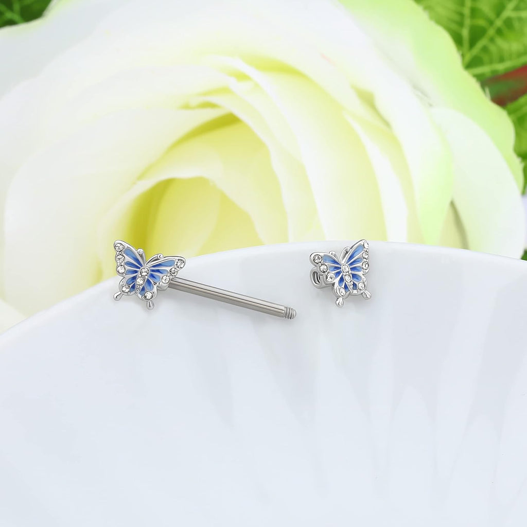  2PCS 14G Nipple Rings, Blue Butterfly Nipple Piercing Jewelry, 316l Surgical Steel Nipple Barbells,Nipple Rings For Women - QIAO CrystalQIAO CrystalQIAO Crystal