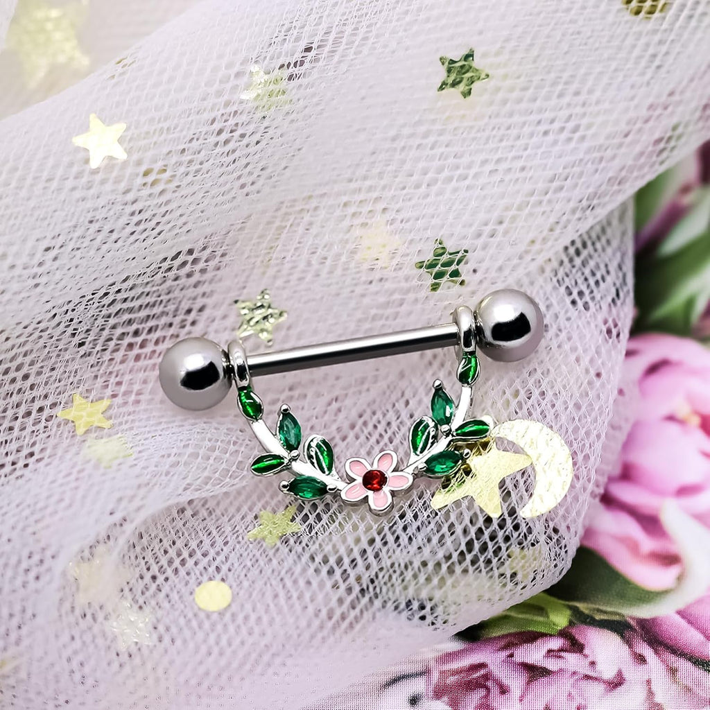 2pcs 14G Nipple Rings Flower Nipple Bars Surgial Steel 316L Nipple Piercing Jewelry Heart Nipple Barbell for Women - QIAO CrystalQIAO CrystalQIAO Crystal