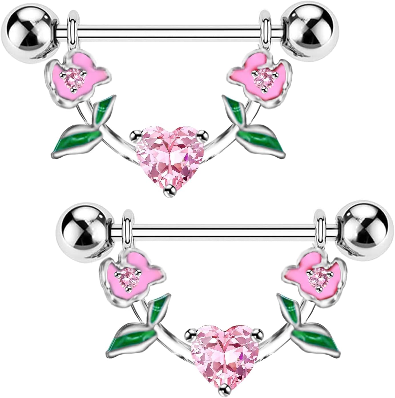 2pcs 14G Nipple Rings Flower Nipple Bars Surgial Steel 316L Nipple Piercing Jewelry Heart Nipple Barbell for Women - QIAO CrystalQIAO CrystalQIAO Crystal