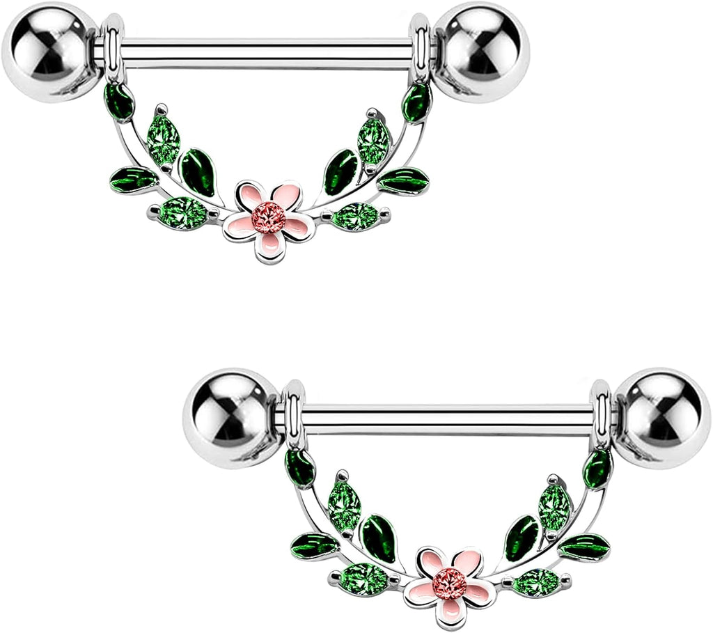 2pcs 14G Nipple Rings Flower Nipple Bars Surgial Steel 316L Nipple Piercing Jewelry Heart Nipple Barbell for Women - QIAO CrystalQIAO CrystalQIAO Crystal