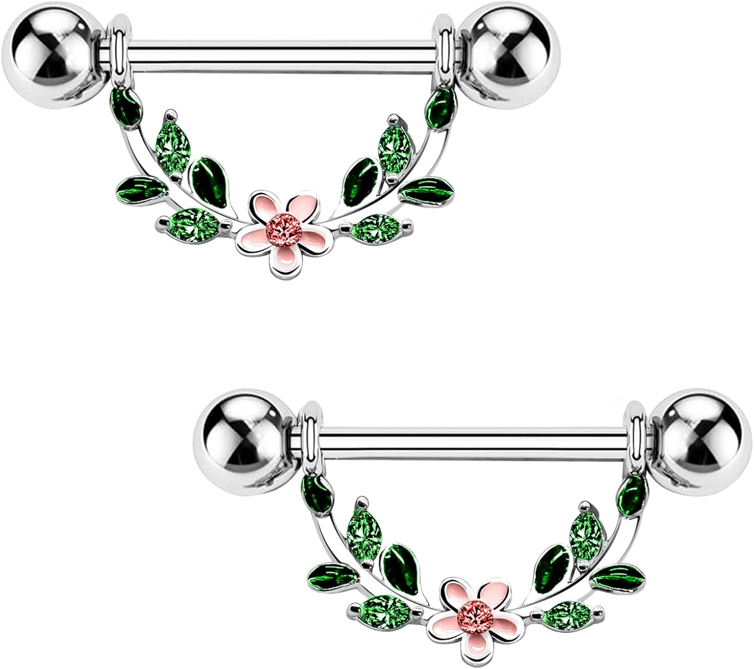 2pcs 14G Nipple Rings Flower Nipple Bars Surgial Steel 316L Nipple Piercing Jewelry Heart Nipple Barbell for Women - QIAO CrystalQIAO CrystalQIAO Crystal