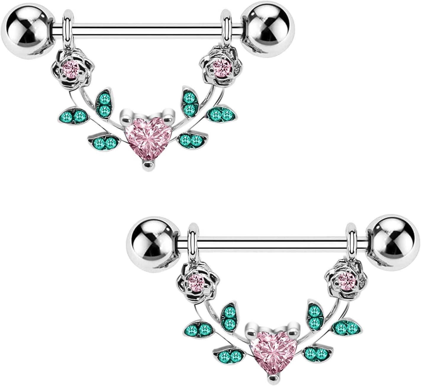 2pcs 14G Nipple Rings Flower Nipple Bars Surgial Steel 316L Nipple Piercing Jewelry Heart Nipple Barbell for Women - QIAO CrystalQIAO CrystalQIAO Crystal