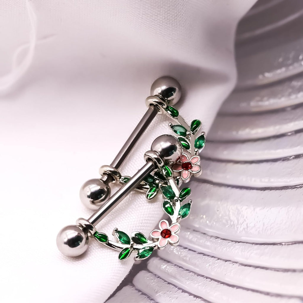 2pcs 14G Nipple Rings Flower Nipple Bars Surgial Steel 316L Nipple Piercing Jewelry Heart Nipple Barbell for Women - QIAO CrystalQIAO CrystalQIAO Crystal
