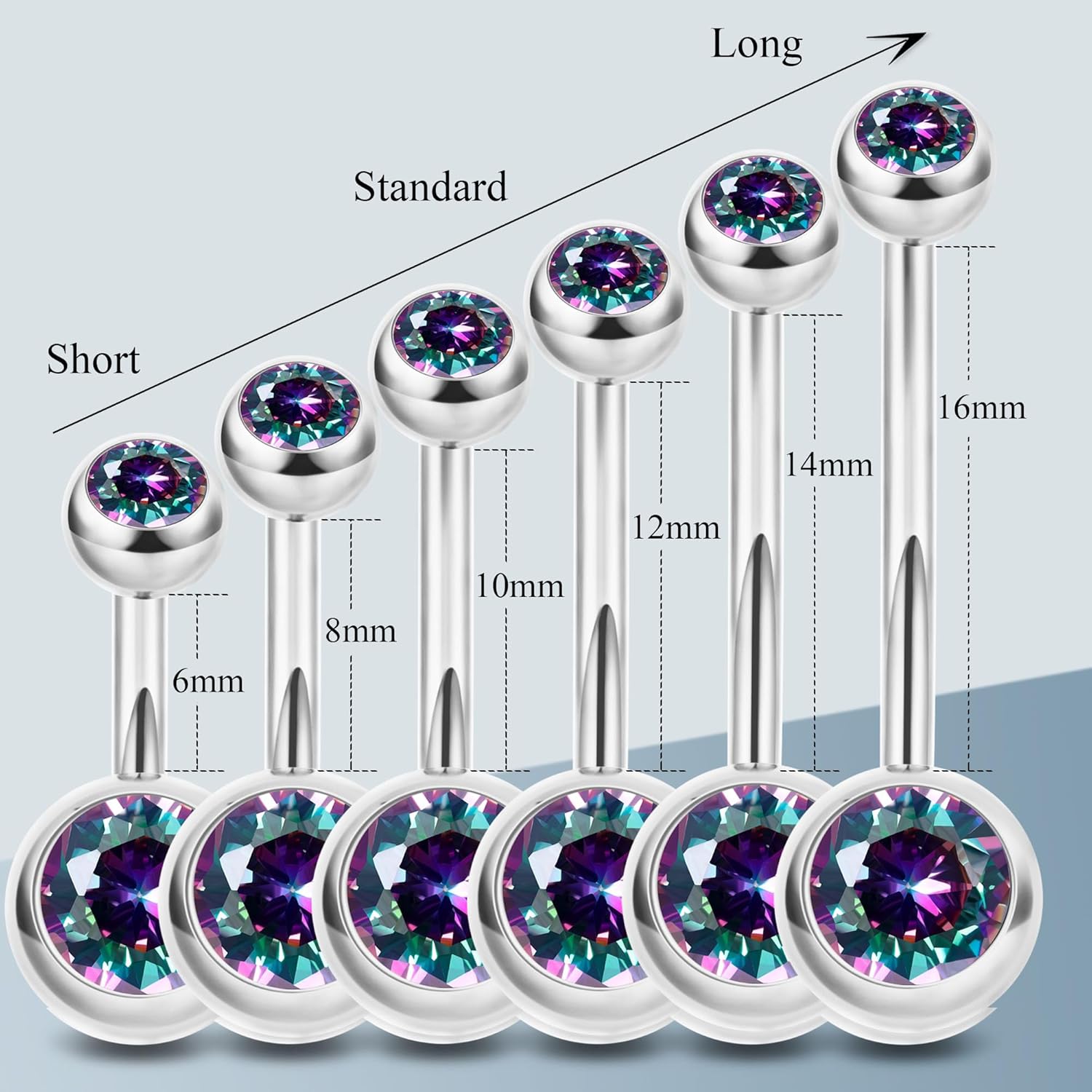 2PCS 14G Surgical Steel Belly Button Rings for Women Round CZ Navel Ring Long Belly Rings Belly Piercing Jewelry 6 - 16MM - 我的商店我的商店我的商店