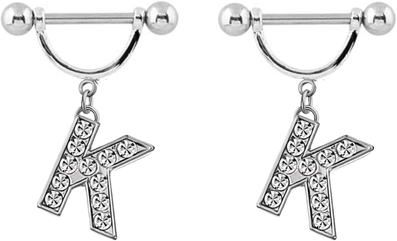 2Pcs 14GA Stainless Steel Nipple Rings Name Initial Letter Nipple Barbell for Women Men English Alphabet Hypoallergenic Body Piercing Jewelry - QIAO CrystalQIAO CrystalQIAO Crystal