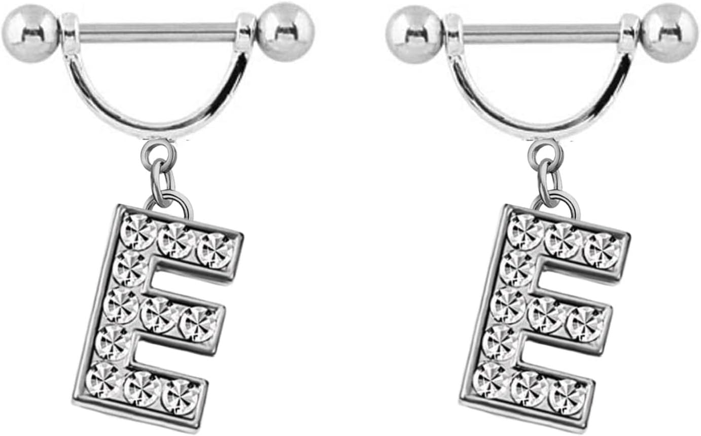 2Pcs 14GA Stainless Steel Nipple Rings Name Initial Letter Nipple Barbell for Women Men English Alphabet Hypoallergenic Body Piercing Jewelry - QIAO CrystalQIAO CrystalQIAO Crystal